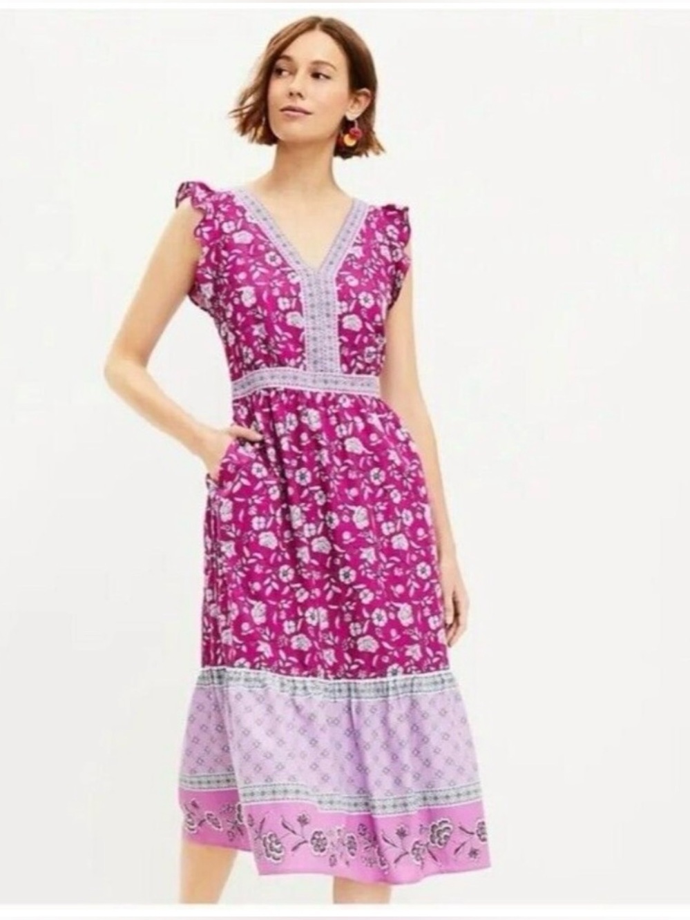 LOFT Magenta Floral V-Neck Sundress with Lilac Trim size 0